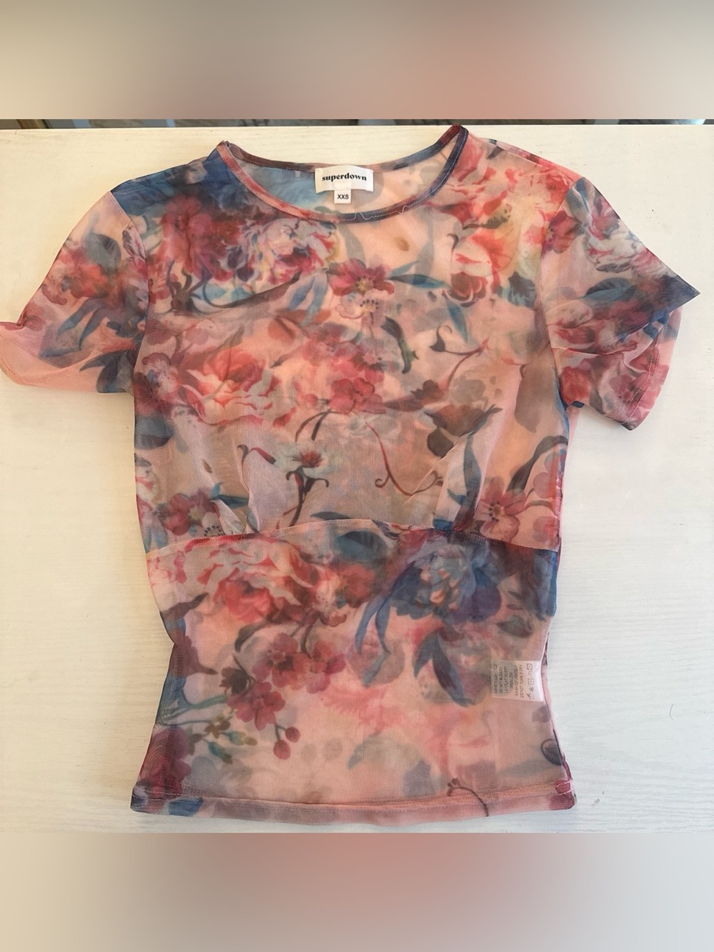 superdown Pink and Blue Floral Mesh Short Sleeve Tee